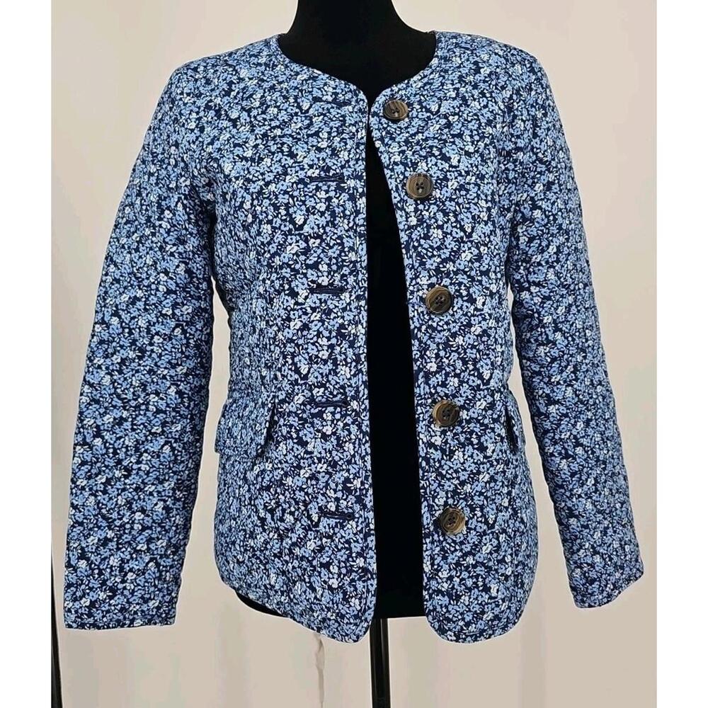J. Crew Women's Quilted Jacket 00 Blue Ditsy Floral Preppy Cotton NWT